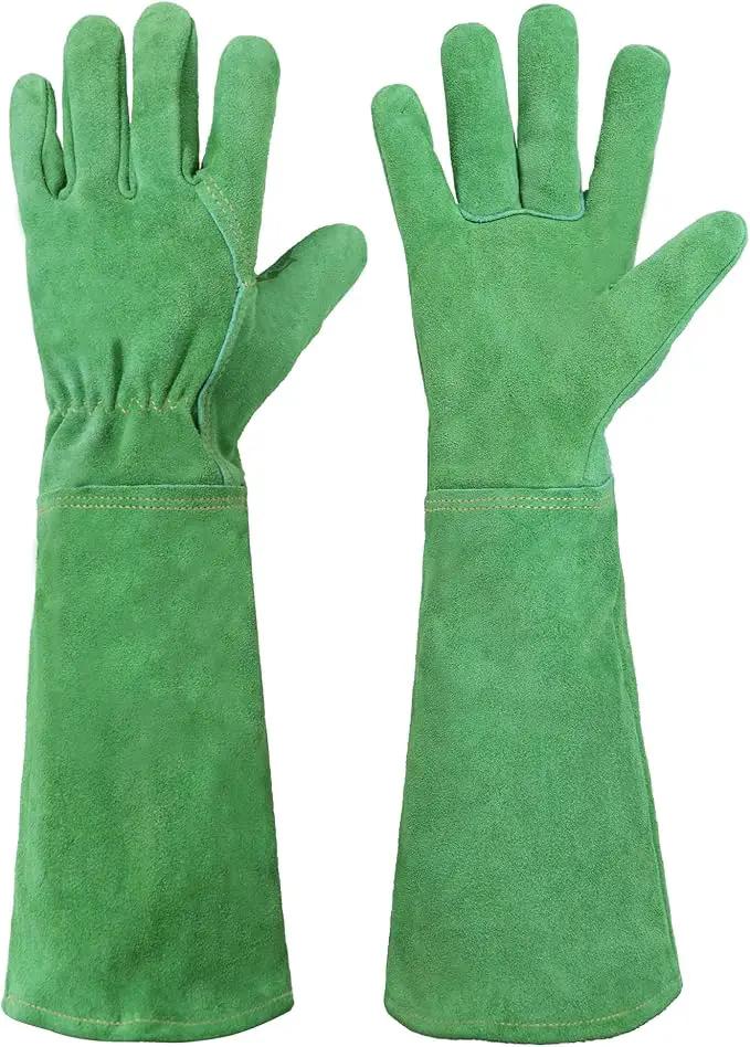 HANDLANDY Leather Gardening Gloves, Thorn Proof Long Gauntlet Heavy Duty Garden Gloves, Elbow Length Rose Pruning Weeding Yard Glove (X-Large, Green) by GreenHaven Gardens