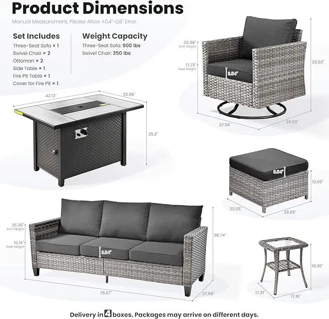ovios 7 Pieces Patio Furniture Set with 42" Fire Pit Table, Outdoor Wicker Sofa with Swivel Chairs, All Weather High Back Rattan Couch Conversation Set, Black by GreenHaven Gardens