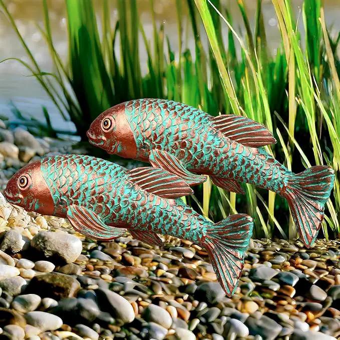 Garden Statues,Koi Fish Decor,Set of 2 Antique Koi Fish Garden Statue,Fish Sculpture Garden for Outdoors,Patio Decor,Backyard and Home Kitchen Decoration,Gardening Gifts for Mom Women Grandma by GreenHaven Gardens