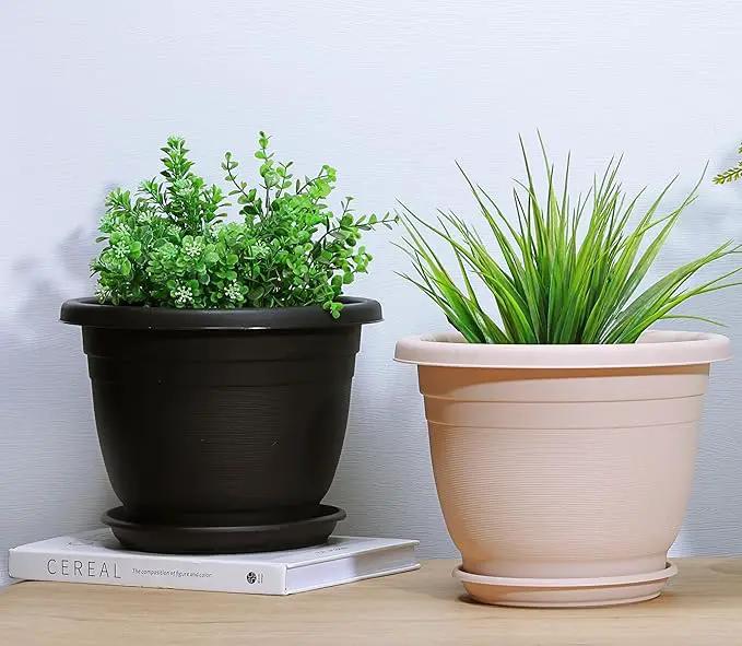 5 Packs 10 inch Plant Pots + Saucer, Planters for Indoor & Outdoor Plants with Drainage Holes | Plastic Flower Pots, Large Planter (Black, 10 inch) by GreenHaven Gardens