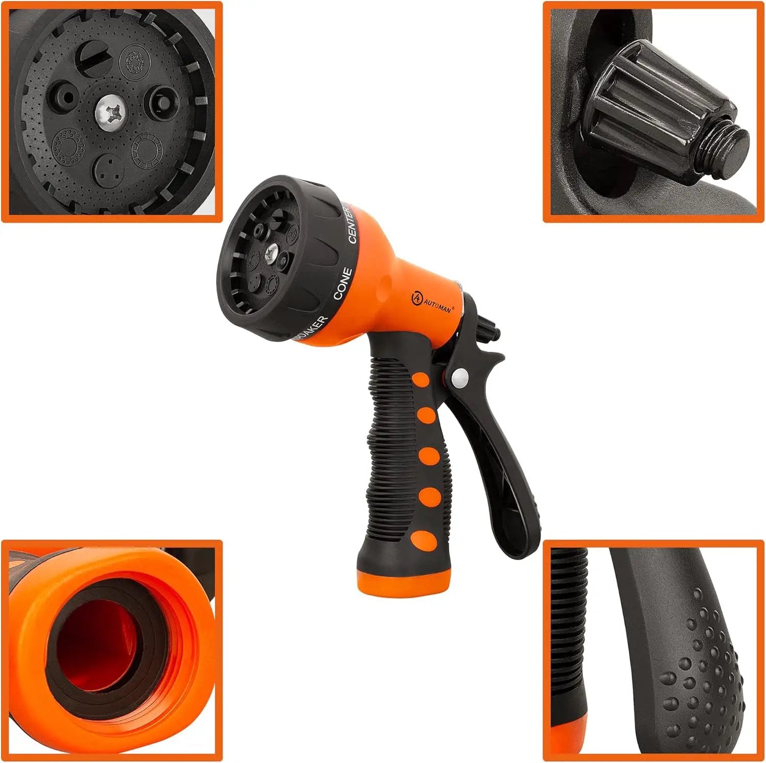 AUTOMAN-Garden-Hose-Nozzle,ABS Water Spray Nozzle with Heavy Duty 7 Adjustable Watering Patterns,Slip Resistant for Watering Plants,Lawn& Garden,Washing Cars,Cleaning,Showering Pets - Orange by GreenHaven Gardens