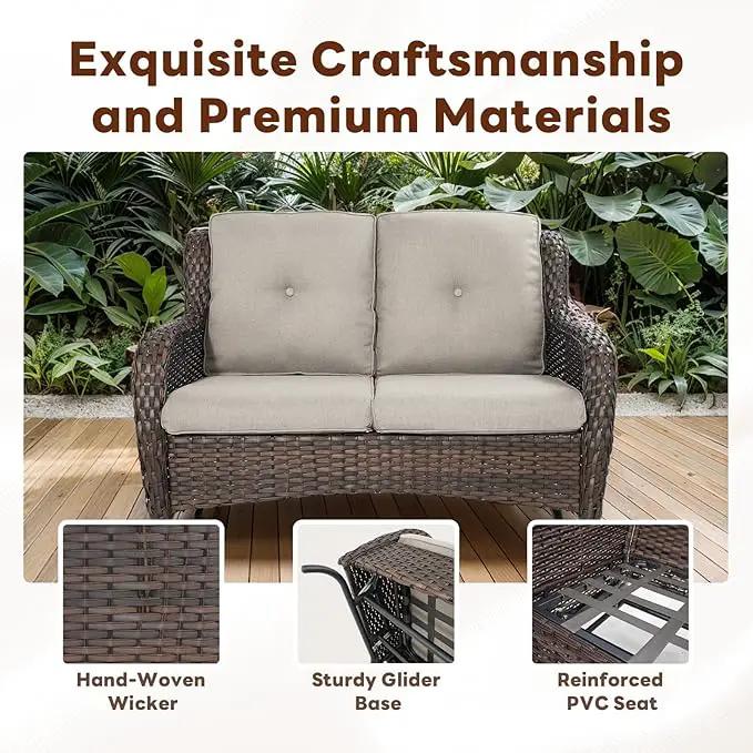5 Piece Outdoor Patio Furniture Set - Outdoor Conversation Couch and Loveseat Glider Chair Furniture Set with Rattan Coffee Table for Deck Balcony Poolside Brown Wicker/Grey Cushions by GreenHaven Gardens