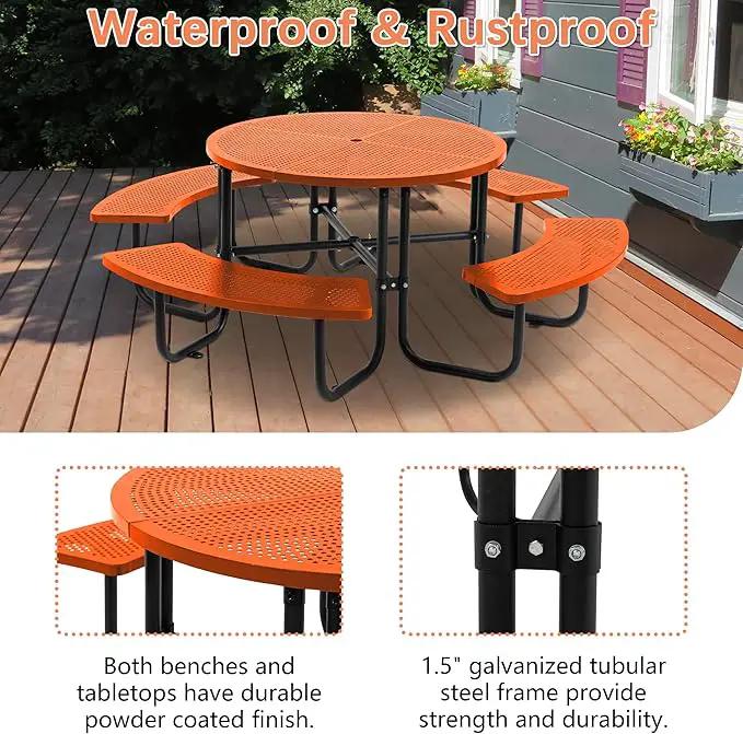 46'' Steel Round Picnic Table for Outdoors, Expanded, Lifetime Picnic Table with Umbrella Hole, Heavy Duty Sturdy Commercial Picnic Tables for Garden Courtyard BBQ, Orange by GreenHaven Gardens