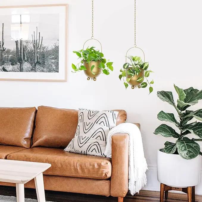 AceList Boho Gold Metal Hanging Planters, Set of 2 with Hooks & Chains - Versatile Wall & Ceiling Plant Hangers for Indoor/Outdoor Décor by GreenHaven Gardens