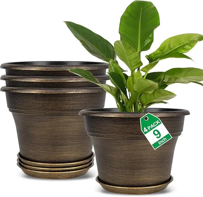 Plant Planters Pots Set of 4 Pack 9 Inch, Plastic Flower Pot for Indoor Plants with Drainage Holes & Trays, Resin Decorative Container Sets with Saucer for House Outdoor Garden Planters Dark Gold by GreenHaven Gardens