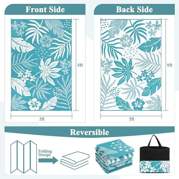 Pauwer Waterproof Outdoor Rug 5x8, Reversible Plastic Straw Patio Camping Rug, Indoor Outdoor RV Mat Carpet for Deck, Camper, Porch, Balcony, Backyard, Picnic, Floral Teal by GreenHaven Gardens