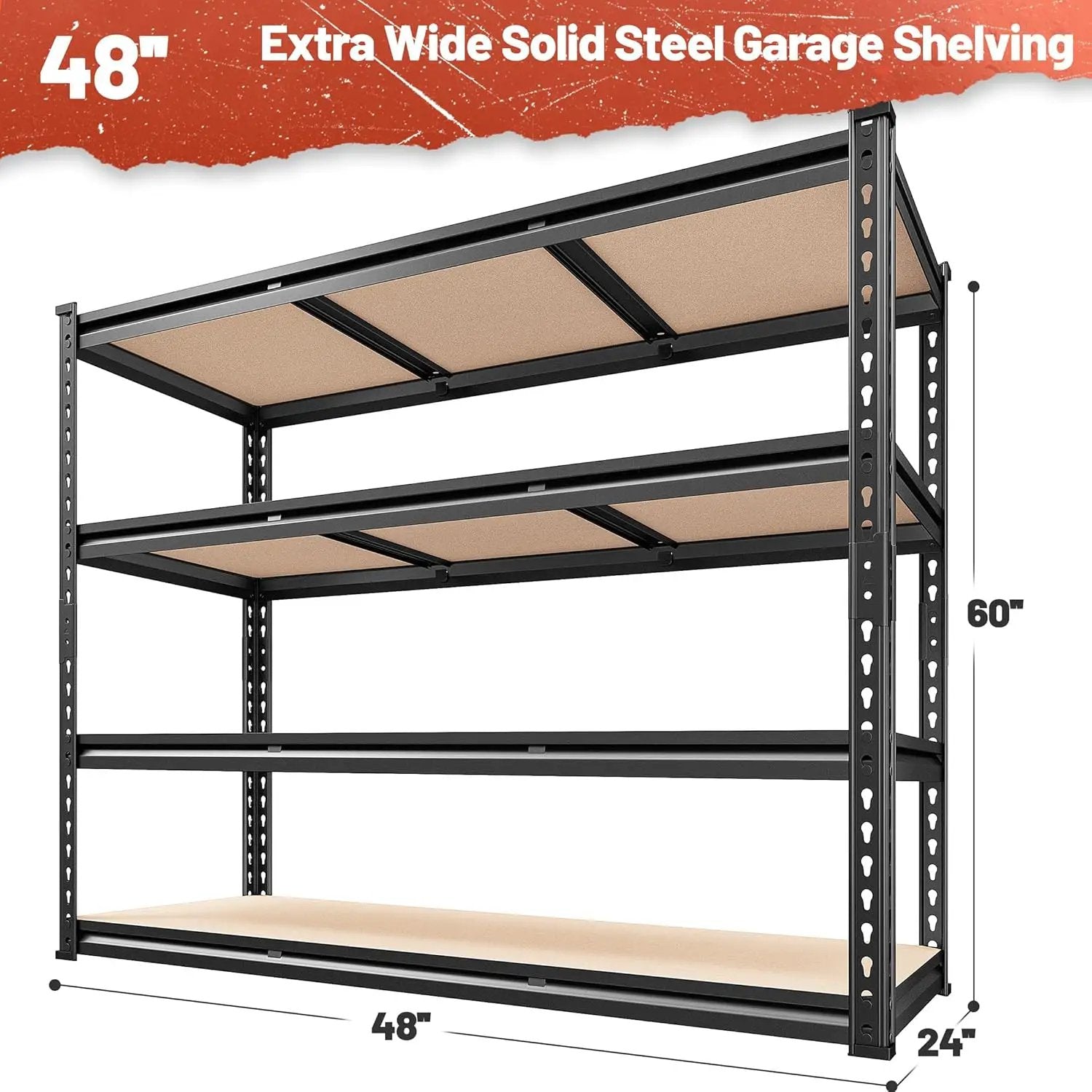 REIBII 48" W Garage Shelving Heavy Duty 2550 LBS Storage Shelves 4 Tier Heavy Duty Shelving, Adjustable Metal Shelves, Industrial Shelf for Garage, Warehouse, Pantry, 48" W x 60" H x 24" D by GreenHaven Gardens