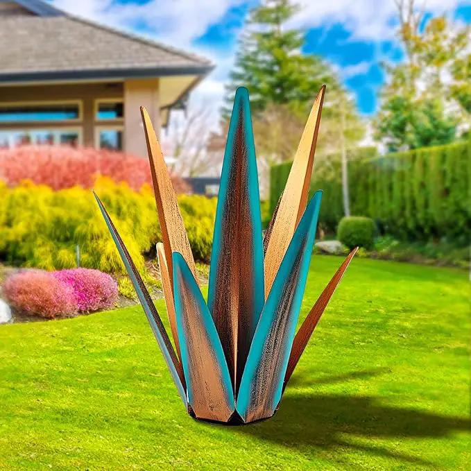 Large Tequila Rustic Sculpture, Rustic Metal Agave Plants for Outdoor Patio Yard, Home Decor Hand Painted Metal Agave Garden Yard Statue, Outdoor Lawn Ornaments Yard Stakes (Blue - M) by GreenHaven Gardens