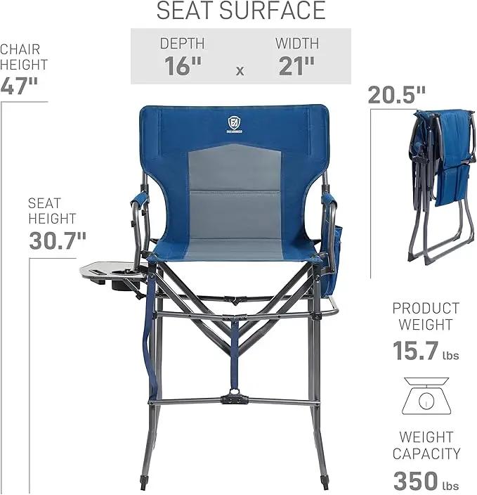 EVER ADVANCED Portable 30.7" Seat Height Tall Folding Chair Directors Chair High Foldable Bar Stool with Side Table for Makeup Artist, Camping, Sports Event, Craft Show, Supports 350LBS Blue Grey by GreenHaven Gardens
