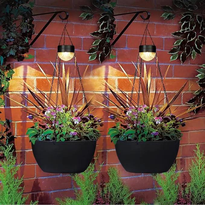 2 Packs Hanging Planters Basket for Outdoor Plants, Solar Powered Self Watering Black Round Plastic Flower Pots with Drainer for Balcony Patio Garden Outdoor Decoration by GreenHaven Gardens