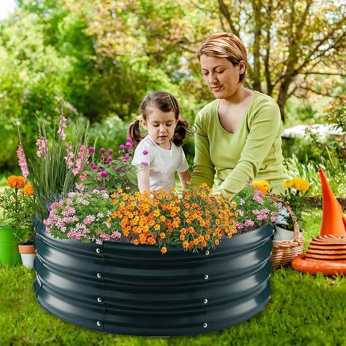 Galvanized Raised Garden Beds for Gardening - 2.7x2.7x1ft Round Metal Planter Boxes Above Ground Outdoor for Vegetables,Flowers,Herbs, Garden Container Green by GreenHaven Gardens