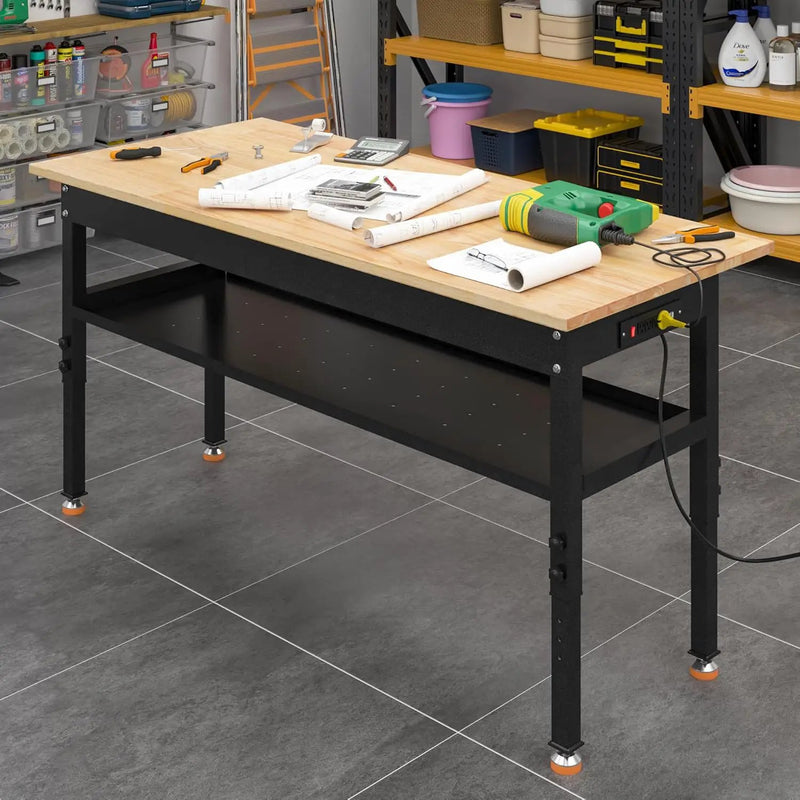 48"/60'' Adjustable Workbench, Rubber Wood Top Work Bench Heavy-Duty Work Table w/Power Outlet, Partition,2000 LBS Load Capacity Work Benches for Garage, Workshop, Home, Office, Easy Assembly by GreenHaven Gardens