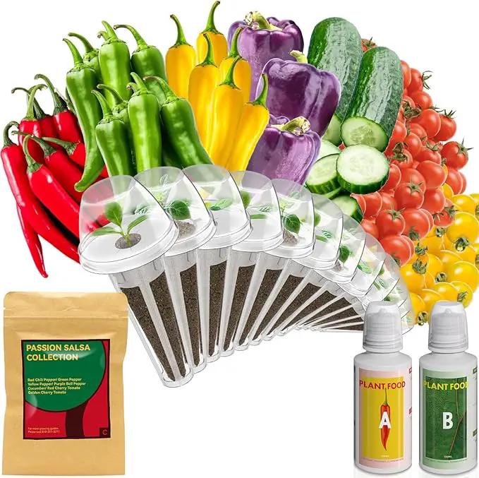 inbloom Passion Salsa Seed Pod Kit for AeroGarden, 12 Pods Hydroponic Supply with Vegetable Seeds of Red Chili,Green, Yellow, and Purple Bell Pepper, Red/Golden Cherry Tomato, Cucumber by GreenHaven Gardens
