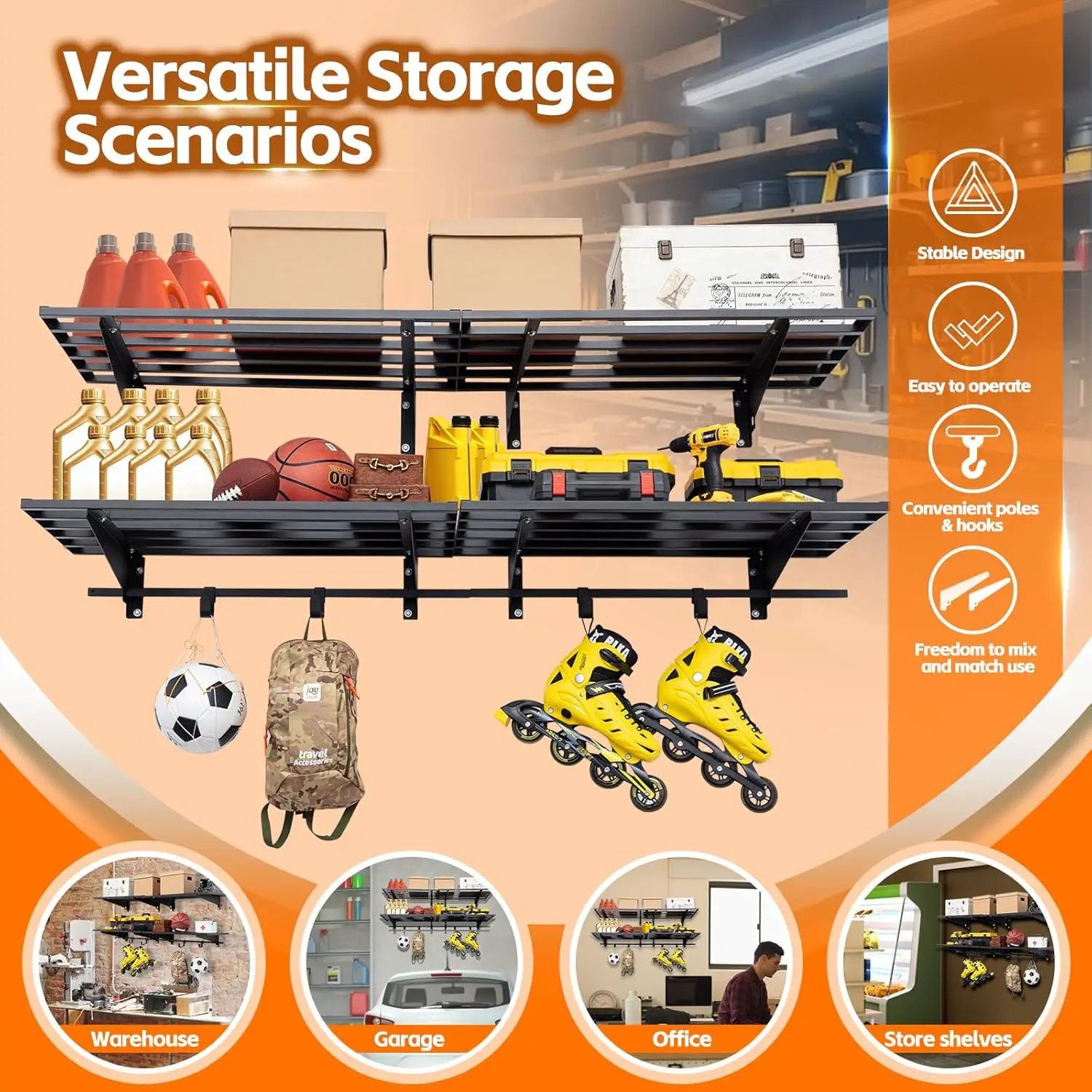 Garage Wall Shelving with Hooks,2-Pack 1.64 x 6ft Garage Wall Shelf,Loads 1050 lbs Heavy Duty Wall Shelves,20” x 72” Garage Shelves Wall Mounted,Black by GreenHaven Gardens