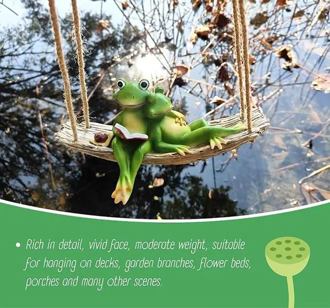 Artisan Flair Hanging Swing Frog Statues - Frog Statues for Garden Outdoors, Reading Book Frog Statue Figurine, Resin Couple Frog Statue for Garden, Balcony, Tree Decoration by GreenHaven Gardens