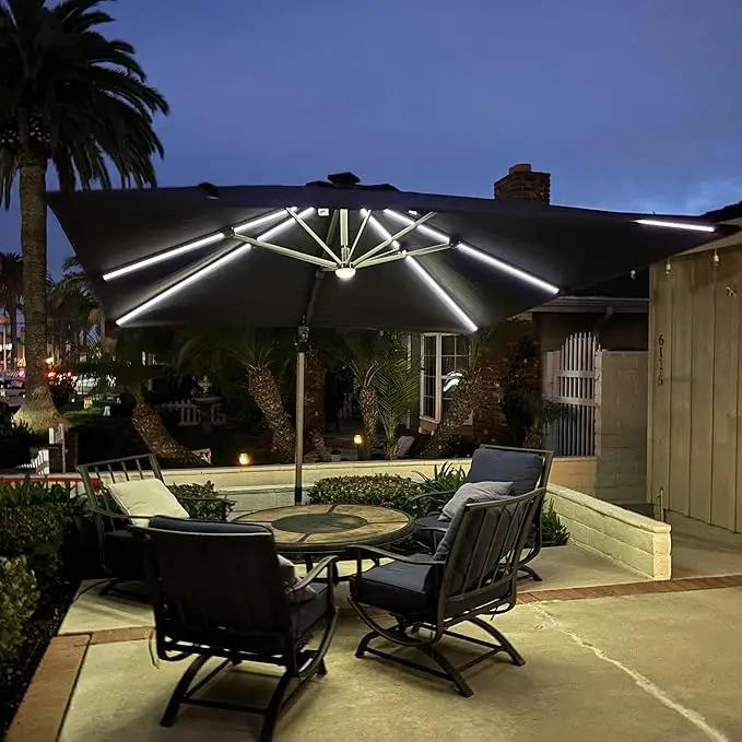 PURPLE LEAF 10 Feet Patio Umbrella with Base Outdoor Cantilever Solar Powered LED Square Umbrella Aluminum Offset Umbrella with 360-degree Rotation for Garden Deck Pool Patio, Grey by GreenHaven Gardens