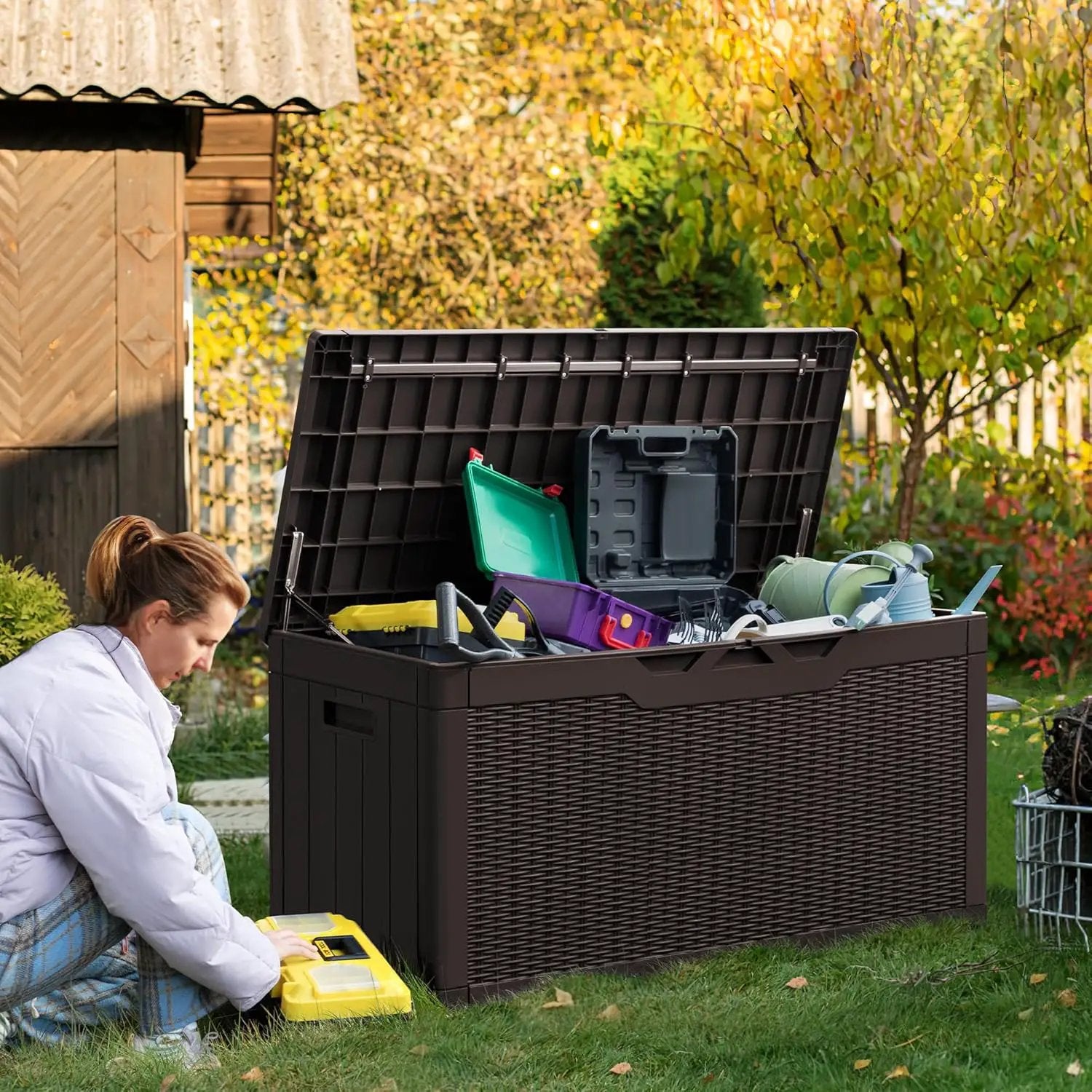 Greesum 100 Gallon Resin Deck Box Large Outdoor Storage Boxes with Cushions for Garden Tools, Patio Furniture Pillows, Pool Supplies, Dark Brown by GreenHaven Gardens