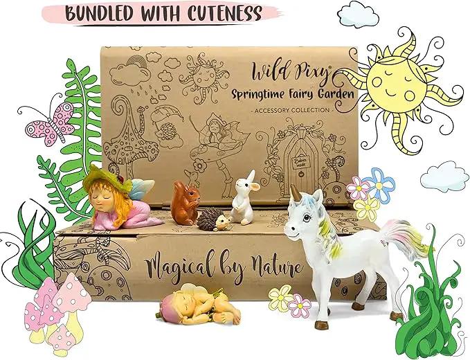 WILD PIXY Baby Miniature Fairy Garden Set – Springtime Fairy Accessories Kit with Gorgeous Fairies and Animals, Indoor/Outdoor Figurines in Designer Gift Box, Perfect for Garden Decor by GreenHaven Gardens