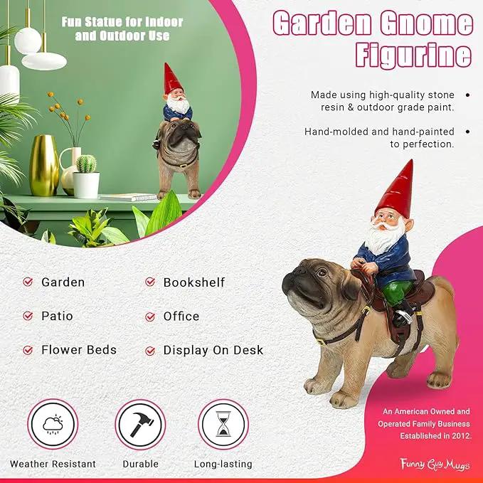 Funny Guy Mugs Garden Gnome Statue - Gnome Riding a Pug - Indoor/Outdoor Garden Gnome Sculpture for Patio, Yard or Lawn by GreenHaven Gardens