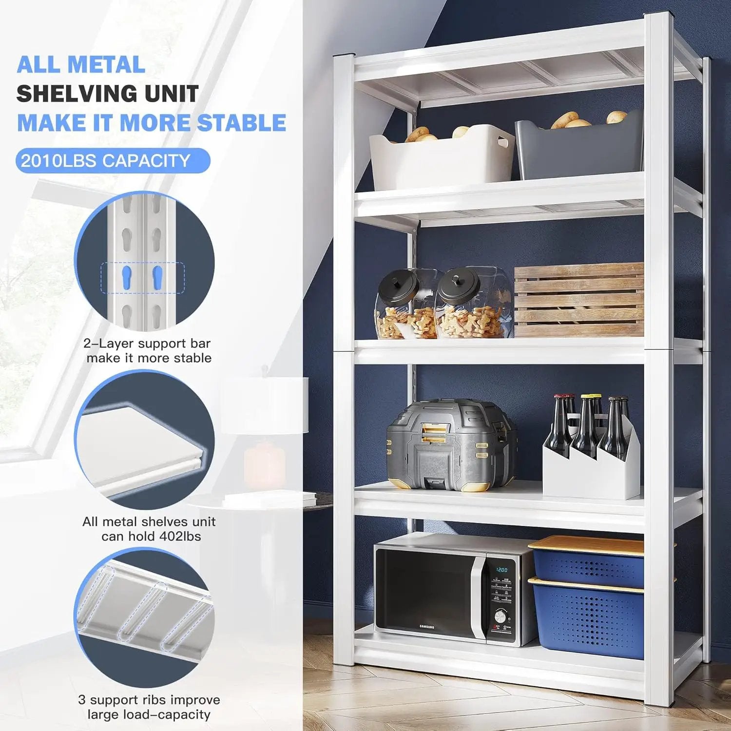 Raybee 72''H Garage Shelving Heavy Duty Storage Shelves Load 2010LBS Adjustable 5 Tier Metal Shelving White Garage Sheves Pantry Shelf for Kitchen Closet 72''H*31.7''W*16.3''D by GreenHaven Gardens