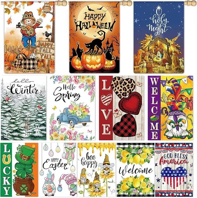 12 Pcs Seasonal House Flags 28x40 Double Sided Seasonal Large Garden Flags for All Seasons Set of 12 Spring Easter Valentine Halloween Christmas Holiday Yard Decoration, Welcome Outdoor Decor 28x40 In by GreenHaven Gardens