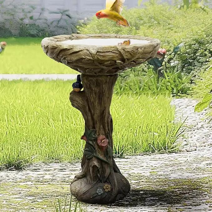 SunJet 25.5 Inch Heigh Wood-Look Concrete Bird Bath with Decorative Faux Bird – birdbath Rustic & Long-Lasting Design, Enhances Garden, Patio, Yard, Lawn Décor by GreenHaven Gardens
