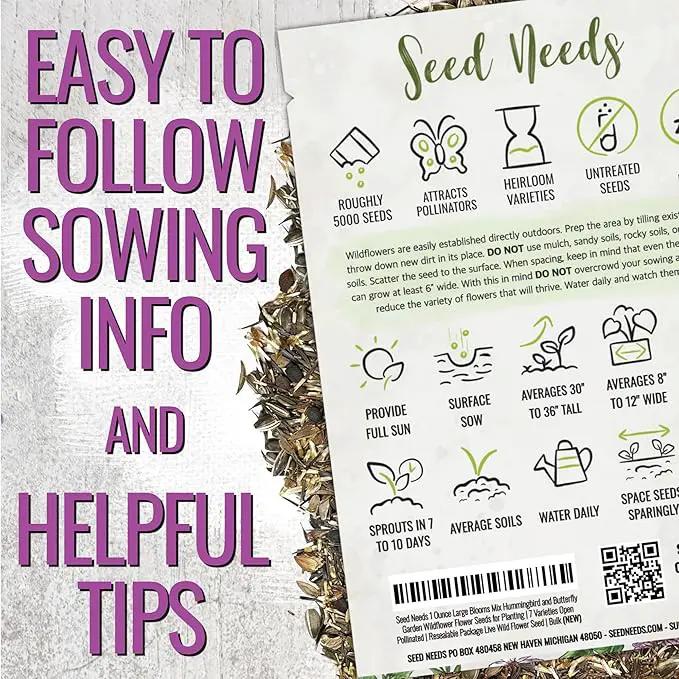 Seed Needs Garden Flower Seeds Large Blooms Mix Hummingbird and Butterfly | 10 Packs (1 Ounce Each) No Filler 7 Varieties Open Pollinated | Resealable Package Live Wild Flower Seed | Bulk by GreenHaven Gardens