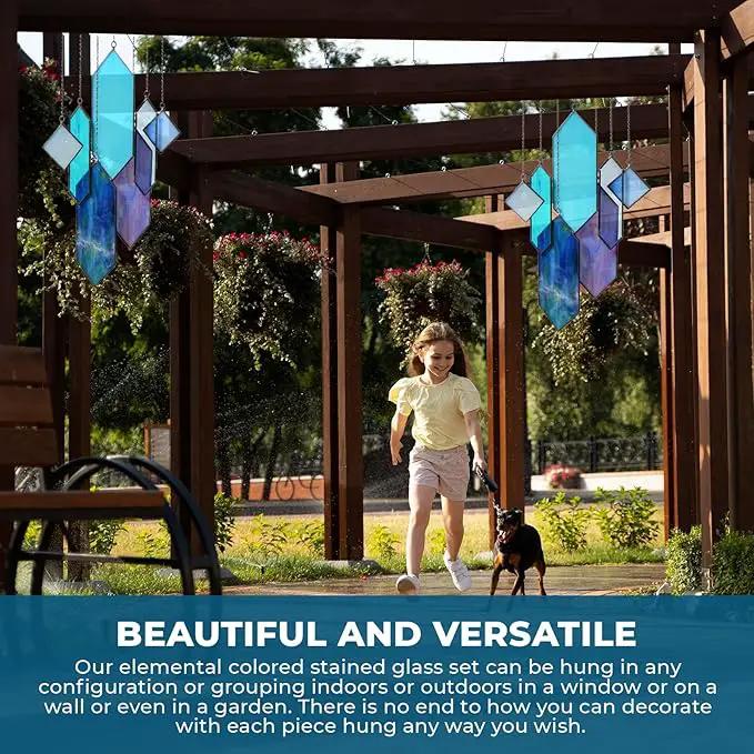 Stained Glass Window Hanging Sun Catcher - Blue Wall Art, Earth Tones Modern Design, Fully Assembled, Ready to Hang, Home or Garden Decor by GreenHaven Gardens