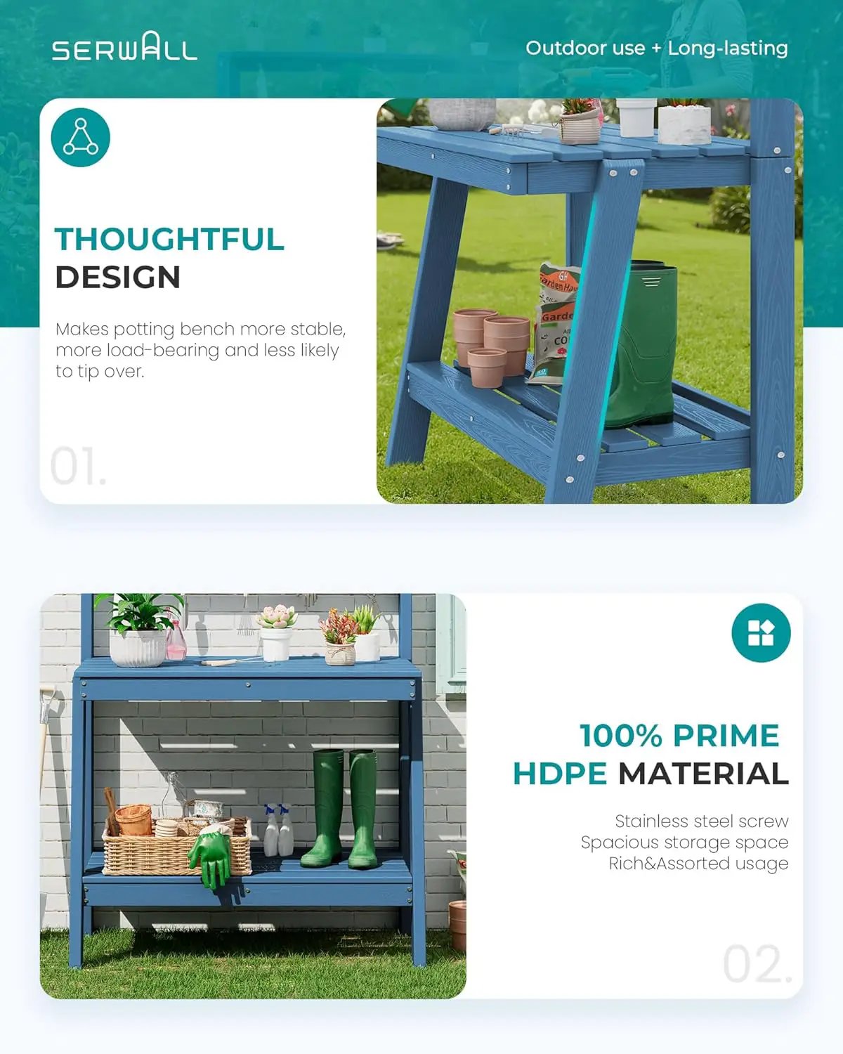 SERWALL Potting Bench Outdoor with Storage Set of 2, 3-Tier HDPE Gardening Table with Angled Legs & Tool Hooks, All-Weather Heavy Duty Potting Table for Patio, Backyard, Garden, Blue by GreenHaven Gardens