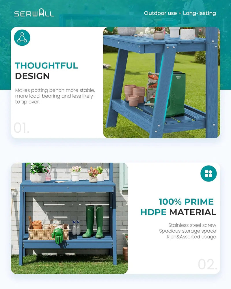 SERWALL Potting Bench Outdoor with Storage Set of 2, 3-Tier HDPE Gardening Table with Angled Legs & Tool Hooks, All-Weather Heavy Duty Potting Table for Patio, Backyard, Garden, Blue by GreenHaven Gardens