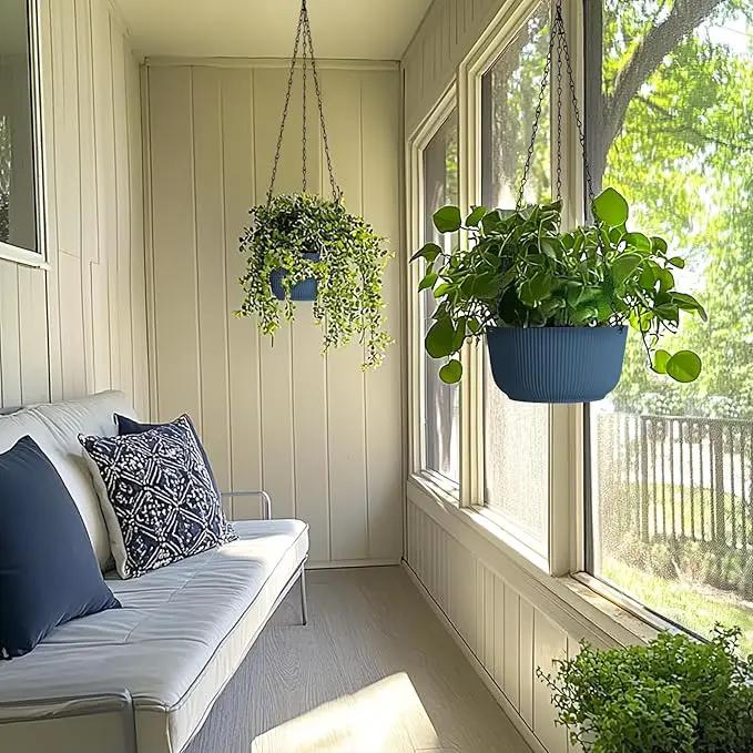 T4U 8 Inch Hanging Planters for Indoor Outdoor Plants, Self Watering Hanging Pot Pack of 2, Hanging Pots with Drainage Hole & Plug & Chain with 3 Hooks for Garden Home Decor, Blue by GreenHaven Gardens