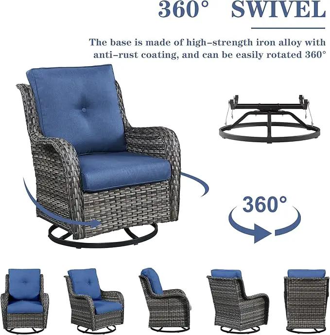 Wicker Outdoor Furniture Patio Furniture Set - 6 Piece Patio Conversation Set with Swivel Rocker Chairs, Rattan Sofa, Ottomans and Coffee Table, Blue Cushion by GreenHaven Gardens