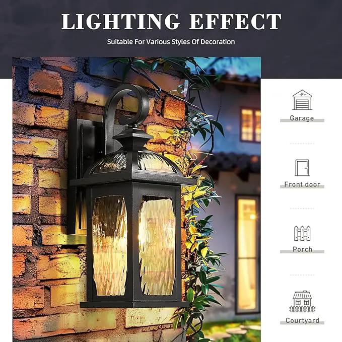 zeyu 2 Pack Outdoor Wall Lamps, 15-inch Black Exterior Light Fixtures for Patio House, Die-Cast Aluminum with Water Ripple Glass, Black Finish, ZD100B-2PK BK-WP by GreenHaven Gardens
