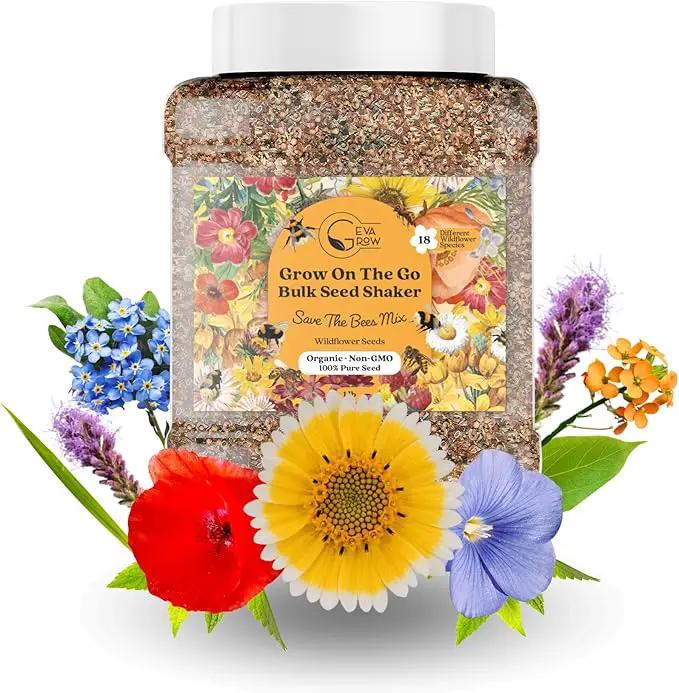 Wildflower Seed Mix 1LB Tub - Save The Bees Seed Mix, by GevaGrow | Bulk 300,000+ Seeds | Pollinator & Bee Attracting Flower Seeds Bulk for Planting in Pots & Outdoor Gardens | 1 Pound Tub by GreenHaven Gardens