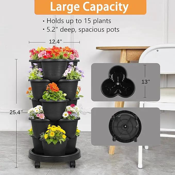 VECELO 5 Tier Vertical Garden Planter, Self Watering Stackable Planters with Wheels for Strawberries, Herbs, Flowers, Vegetables, Dark Gray by GreenHaven Gardens