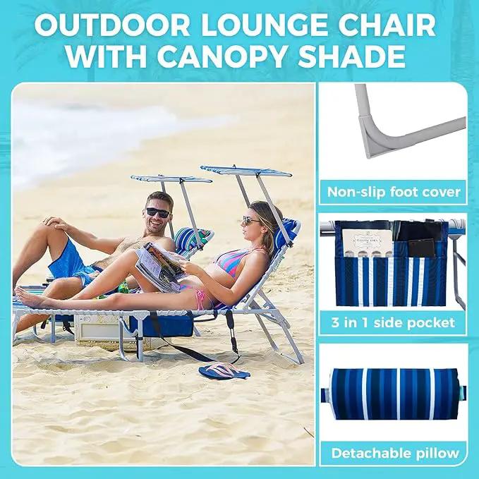 #WEJOY Folding Lounge Chair with Canopy Shade, Portable Adjustable 5-Position Patio Chaise Lounger with Pillow & Pouch for Lay Flat Outdoor Lawn Backyard Beach Camping Pool Tanning (Blue White) by GreenHaven Gardens