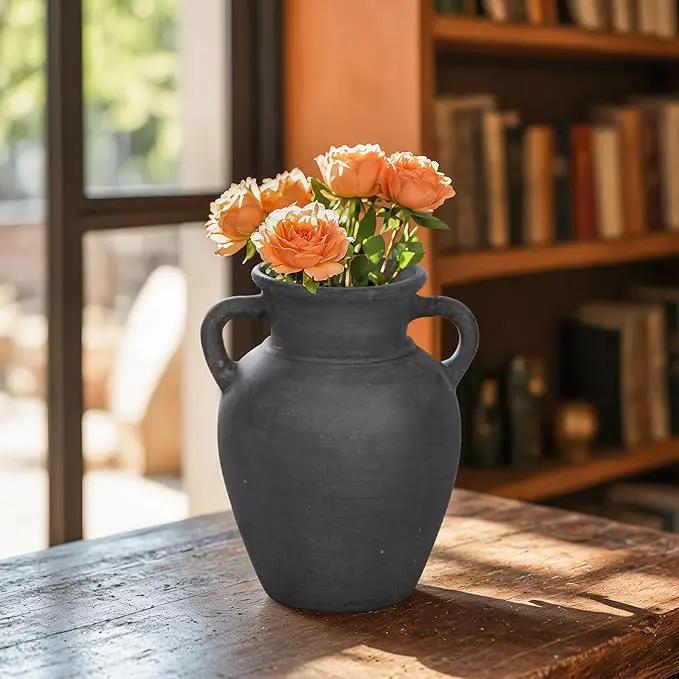 Sagebrook Home Black Boho Terracotta Vase - Amphora-Style Decorative Flower Holder for Home, Office & Living Room - 9" Black by GreenHaven Gardens