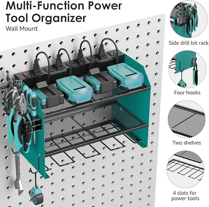 CCCEI Set Power Tool Organizer Wall Mount with Charging Station. Garage 4 Drill Storage Shelf with Hooks, Heavy Duty Metal Tool Battery Charger Organizer. Shop Utility Rack with Power Strip Navy Blue. by GreenHaven Gardens