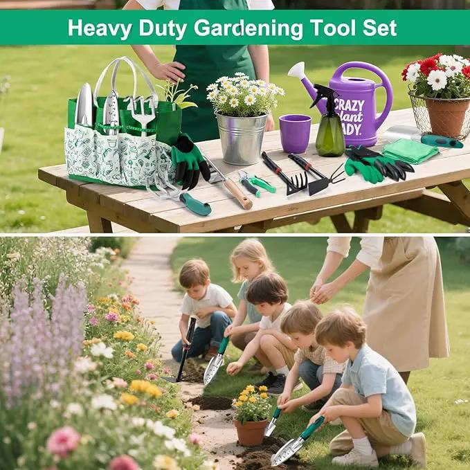 Garden Tool Set for Women, 12pcs Heavy Duty Gardening Tools, Cute Gardening Supplies Gifts for Women Mom, Garden Hand Tools with Fashion Organizer Handbag, Garden Tools for Gardening, Planting, Green by GreenHaven Gardens