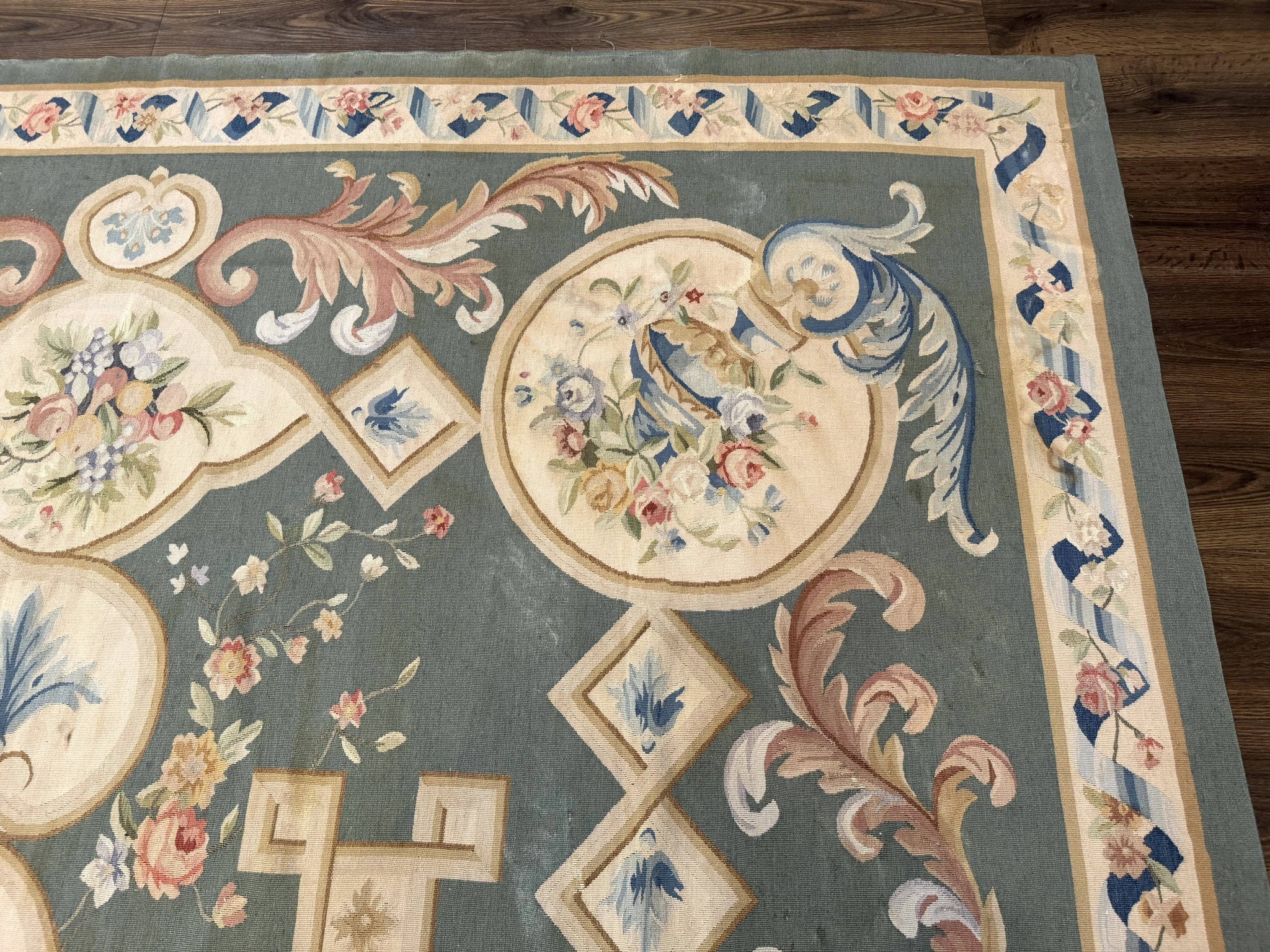 Aubusson Rug 9x12, Muted Sage Green and Cream, European Design by Jewel Rugs