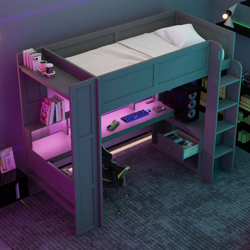 Gaming Loft Bed With Desk, Multi Storage Shelves, LED And Charging Station by Unique Piece Furniture