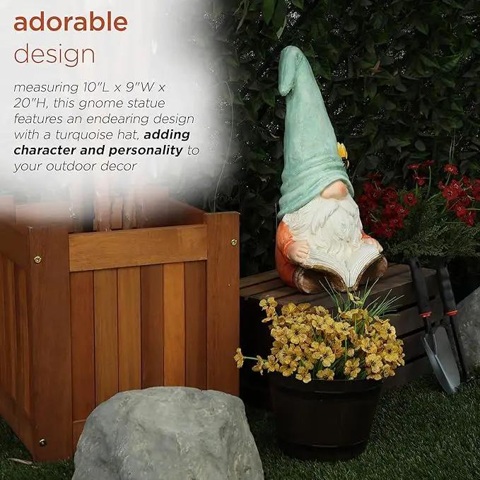 Alpine Corporation MCC844 Indoor/Outdoor Gnome Reading a Book Garden Statue, Charming Gnome Statue with Hat, 20" H, Turquoise by GreenHaven Gardens