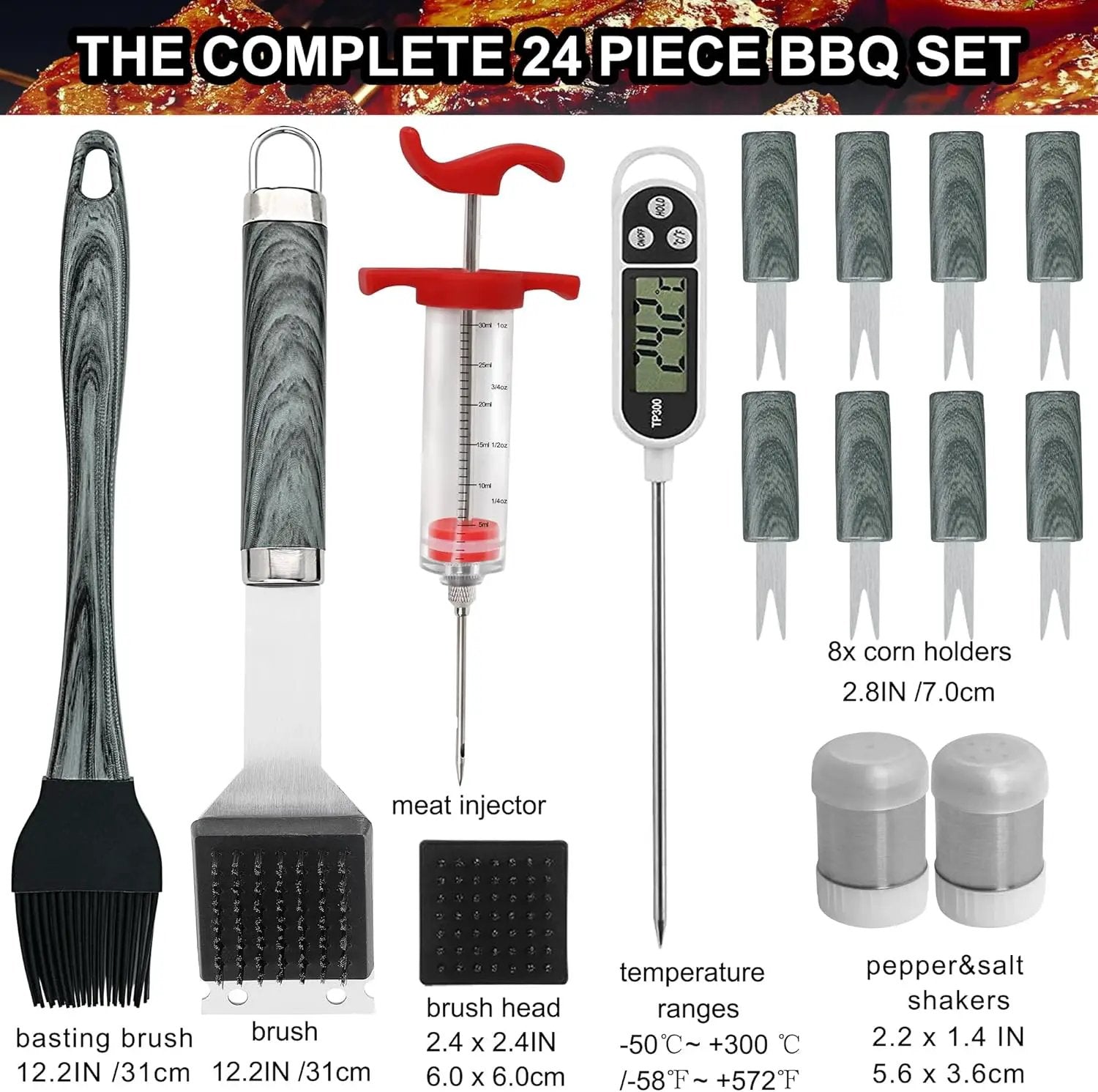 grilljoy 24PCS BBQ Grill Tools Set with Meat Thermometer and Injector - Extra Thick Stainless Steel Fork, Spatula& Tongs - Complete BBQ Accessories in Aluminum Case - Perfect Grill Gifts for Men Grey by GreenHaven Gardens
