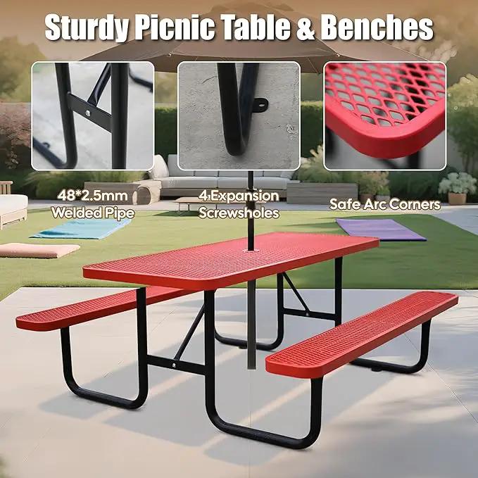 4FT Metal Picnic Tables for Outdoors, Commercial Rectangular Picnic Table and Bench Set for Outside, Patio, Garden, Backyard, Porch, Surface Mount, Red by GreenHaven Gardens