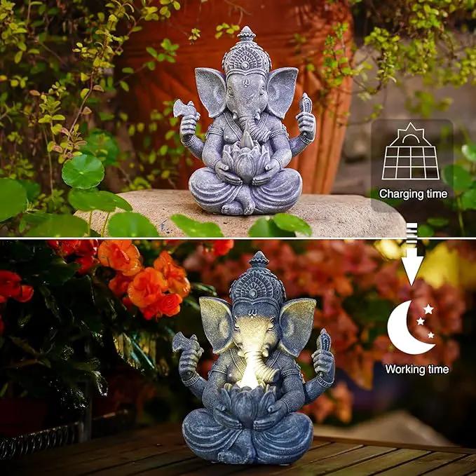 Goodeco Ganesha Statue with Solar Lotus - Hindu Elephant Statue Ganpati Idol Buddha Sculptures, Meditation Yoga Room & Garden Decor, 7.8 inches Tall (Ganesha) by GreenHaven Gardens