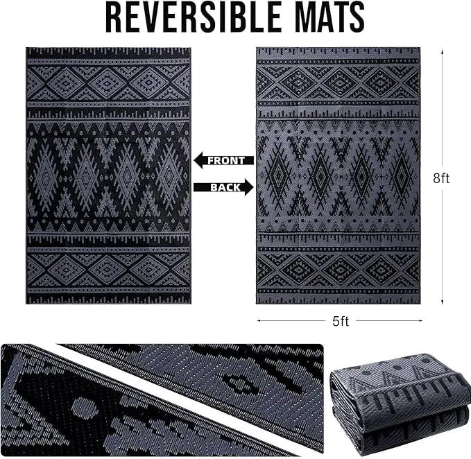 OLANLY Outdoor Rug Waterproof 5x8 ft, Reversible Outdoor Plastic Straw Rug, Boho Patio Rug, Indoor Outdoor Carpet, RV Mat Outside for Patio, Camp, Picnic, Balcony, Deck, Backyard, Black & Grey by GreenHaven Gardens