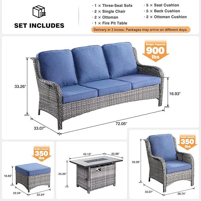 ovios 6 Pieces Patio Furniture Set with 42" Fire Pit Table, Outdoor Wicker Sofa with Ottomans, Comfy Cushions, High Back Couch Conversation Set, Grey Rattan, Denim Blue by GreenHaven Gardens