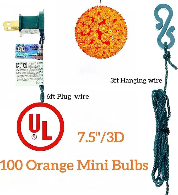 7.5" Orange Sphere Light, Commercial Grade and UL Certified 100 Lit Orange Hanging Sphere, for Indoor and Outdoor Christmas, Easter, Porch, Patio. by GreenHaven Gardens