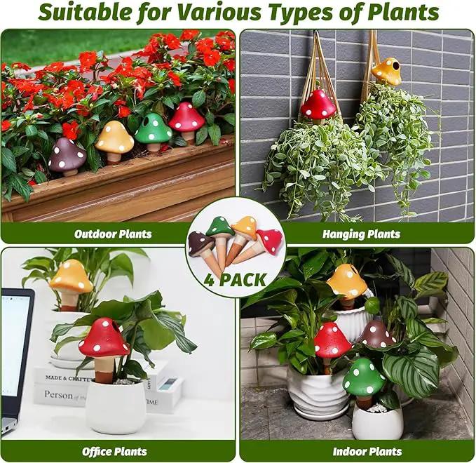 Terracotta Self Watering Spikes, 4 Pack Mushroom Self Watering Planter Insert, Vacation Plant Slow Release Watering Devices for Indoor Outdoor Plants, Colorful Large Water Globes by GreenHaven Gardens