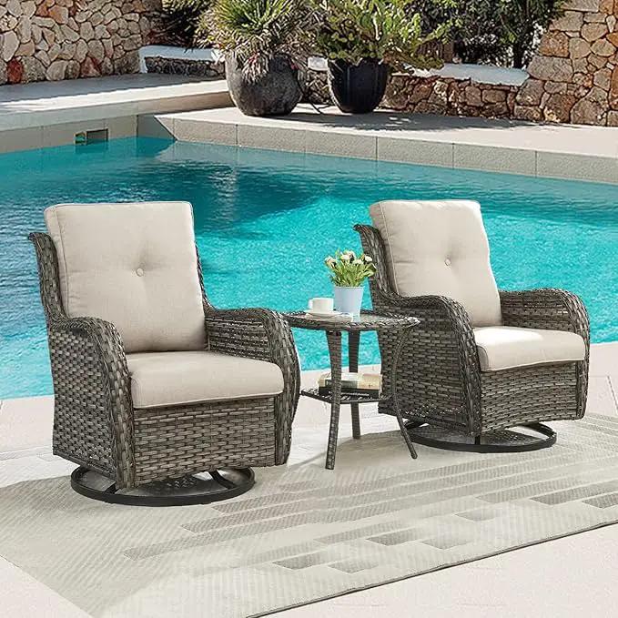 Outdoor Patio Swivel Rocker Chairs - Wicker Rattan Patio Swivel Rocking Chairs Set of 2 with High Back,Deep Seating and Comfort Cushions for Deck Porch Garden,Mixed Grey/Beige by GreenHaven Gardens